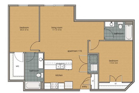 Floor plan for 2 beds, 2 baths, 1019 sqft